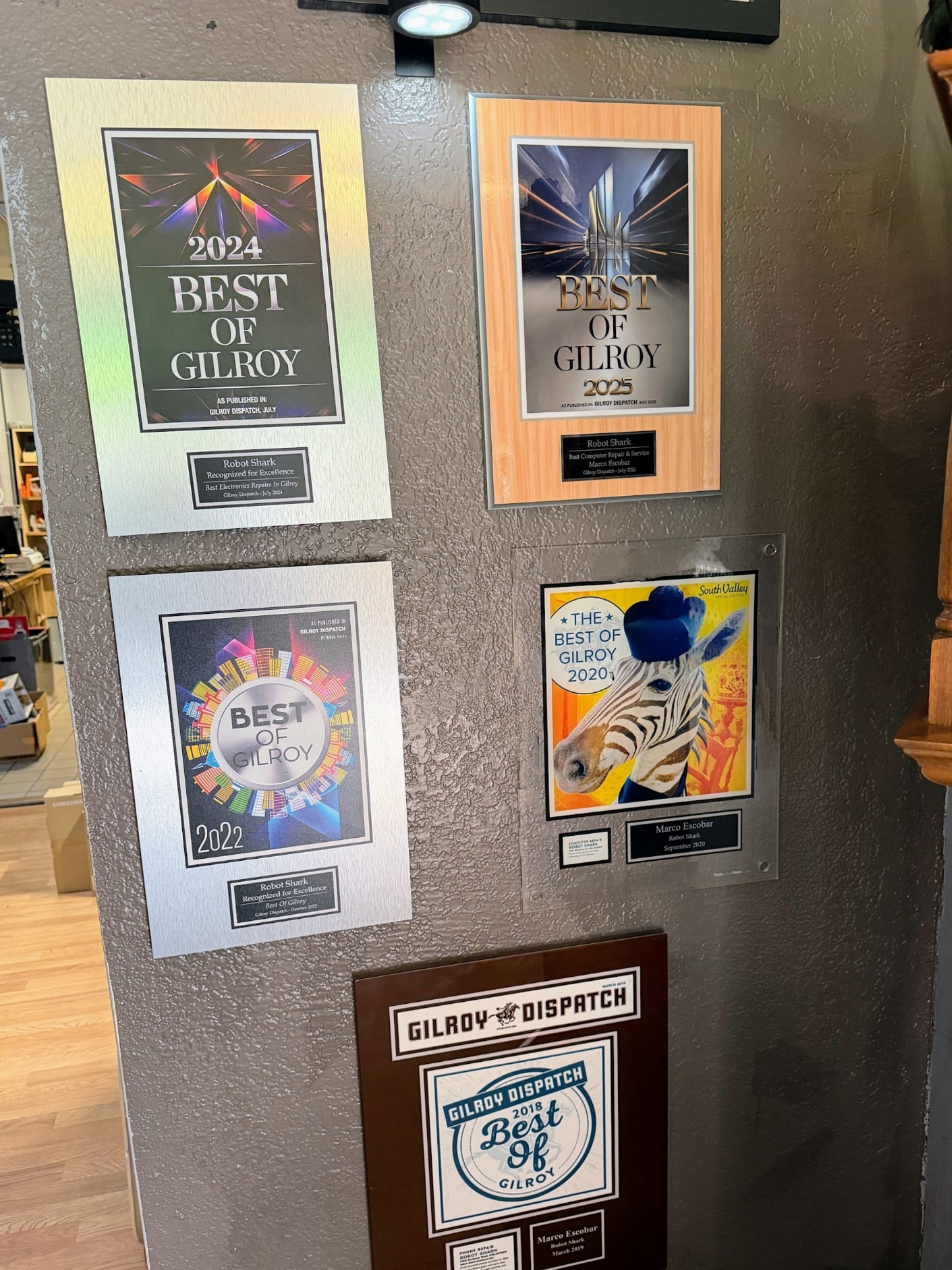 Robot Shark Best of Gilroy award wall